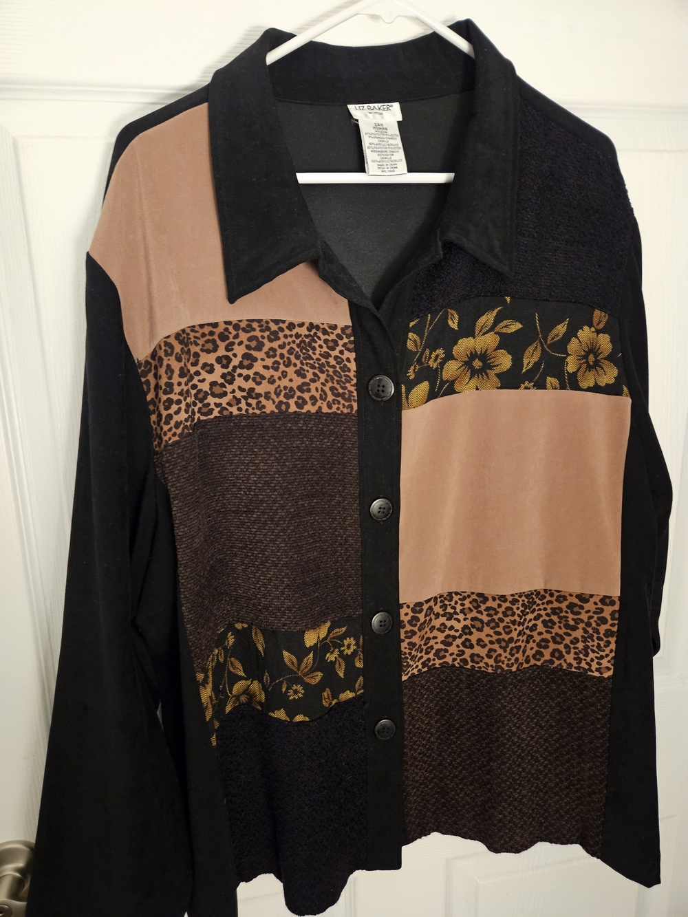 Vintage Liz Baker Black and Tan Patchwork Button-Up Shirt Jacket